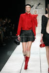 red shirt and short black skirt